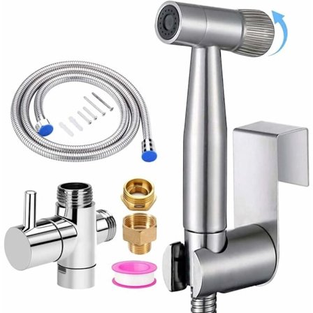 WC-bideesuihku, jossa yläpaineen säätönuppi, naisten puhdistussuutin, vauvan vaippapuhdistin