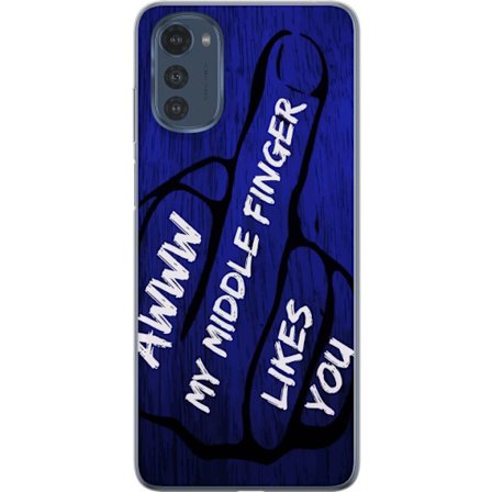 Kompatibel Mobilcover til Motorola Moto E32s Mørk typografisk illustration med hjerteform og budskab om venskab mod dybblå trætekstur