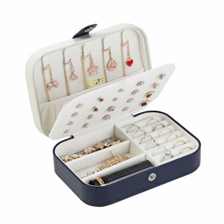 Smykkeboks arrangør liten reise PU lær smykker oppbevaringsboks for ringer øredobber halskjede armbånd kunstlær smykker gaveeske (Marineblå)