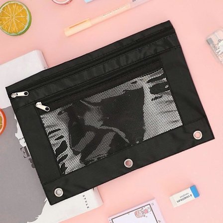 Tygpennfodral med 3 ringar, 2-pack, pennfodral med dragkedja kompatibelt med 3-ringspärmar, svart skolmaterialfodral [D]