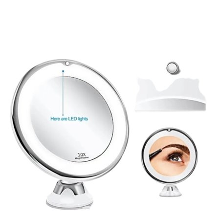 Sminkspegel med sugpropp, LED-belysning och 10x förstoring, vit