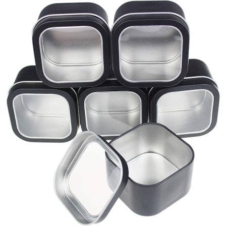 6-pak tomme firkantede metalæsker med gennemsigtigt vindue, 240 ml, sort