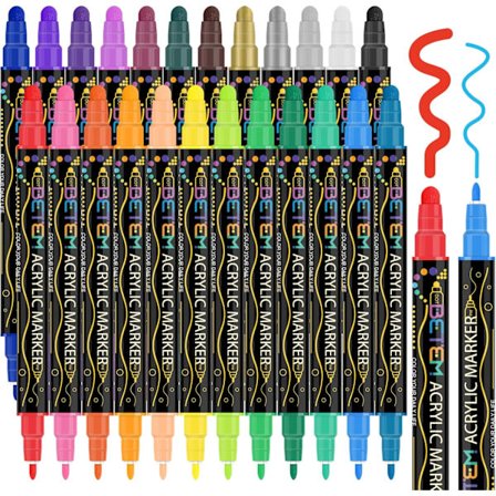 24 Farger Dobbel Spiss Akrylmaling Tusjer, Premium Akrylmaling Tusjer for Tre, Stein, Steinsmaling, Glass, DIY Håndverk Lag Kunstforsyninger