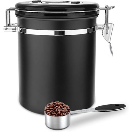 1.5l Kaffebønnebeholder i rustfritt stål Oppbevaringsboks for kaffe te kakao frokostblanding pasta havregryn Bonus (svart)