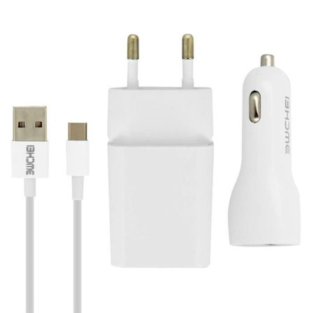 Pack laddare - Vit - Väggladdare 2.1A - Biladapter 2.1A - USB Typ-C kabel 1m