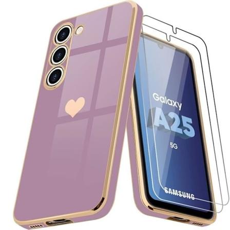 Etui til Samsung Galaxy A25 5G, lilla silikonebeskyttelse med belagt kærlighedsmønster, stødsikker beskyttelse + 2 hærdede briller Lila