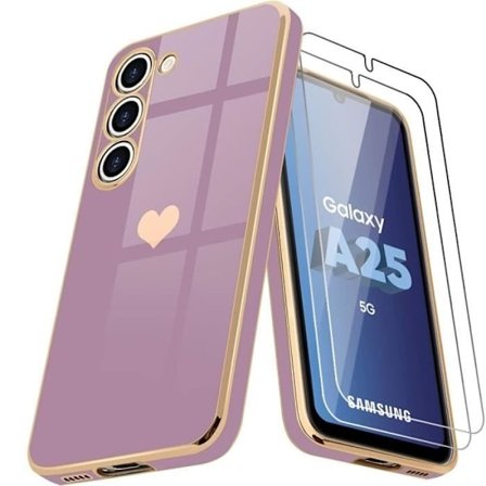 Beskyttelsescover - BOOLING - til Samsung Galaxy A25 5G - Lilla Silikone - Hjerte Motiv - Stødabsorberende + 2 Herdede Glas