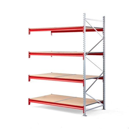Widespan shelving TOUGH, add-on unit, 2500x1850x1000 mm, 4 wooden shelves