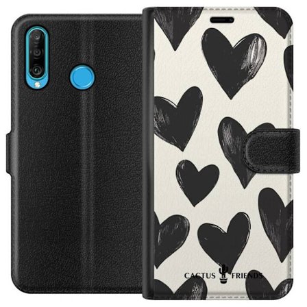 Kompatibelt Lommeboketui til Huawei Huawei P30 lite Cactus and Friends - Bold Black Love Pattern