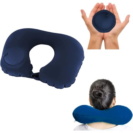 Bærbar oppustelig U-formet pude (marineblå), oppustelig nakkepude, rejse essentiel cervikal støttepude, egnet til voksne og børn, luft