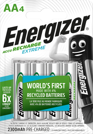 Energizer Recharge Extreme Batteri laddningsbart, AA, 1,2 V, 4-pack, Elfördelning & strömförsörjning
