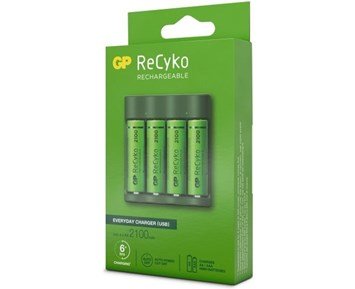 GP-ReCyko Everyday-batteriladdare B421 (USB), inkl. 4 stk. AA 2100mAh NiMH-batterier-ReCyko-batterilader inkl. 4 stk. AA-batterier-Power-Oppladbare 