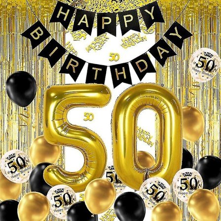 50 års sort guld fødselsdag dekoration, happy birthday banner, helium ballon tal 50 XXL, sort guld frynse gardin latex konfetti tal bord d