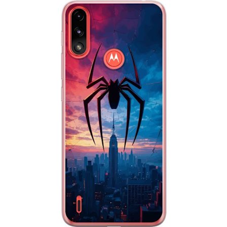 Kompatibelt Mobildeksel til Motorola Motorola Moto E7 Power Stilisert edderkopp over bysilhuett i dramatisk solnedgang, grafisk fantasyillustrasjon me