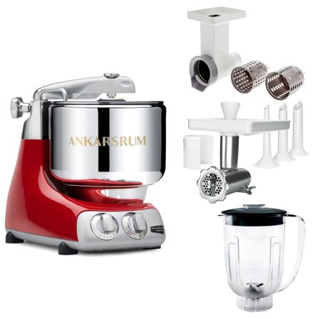 Ankarsrum Assistent Original AKM 6230 kjøkkenmaskin med kjøttkvern, skjæretilbehør og blenderkanne, rød