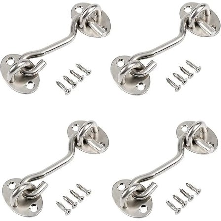 Skåpskrokar, 4 x 4 tum Fönsterkrokar med Ögla och 16 Skruvar, Dörrlås, Låskrok för Lada, Badrum, Fönster