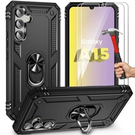 Cover til Samsung Galaxy A15 4G-5G med 2 hærdede briller, stødsikker anti-ridse hård beskyttelse Sort Svart