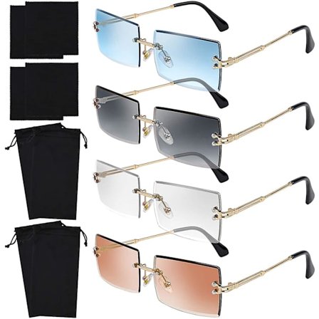 4-paks kantløse rektangulære solbriller Vintage kantløse briller Retro solbriller Metallramme briller som er kompatible med menn kvinner