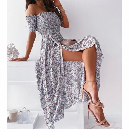 Summer Wish Kvinnor Boho Print Sexig Off--soulder Slit Lon