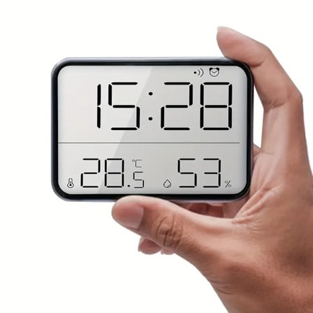 Stor Skærm Magnetisk LCD Digitalt Vækkeur med Temperatur- & Fugtighedsmåler, Multi-Funktionel Væg-/Bordstående - Moderne Hvidt & Sort Design