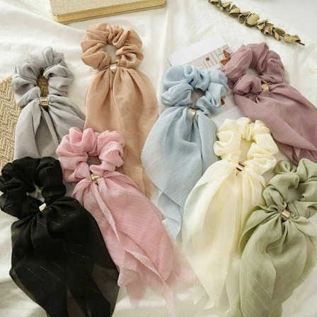 Double Layer Bow Chiffon Long Ribbon Scrunchie Hair Scarf Rubber Band Hair Ties