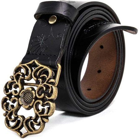 Svart (115 cm) ekte skinnbelte for jeans, blomstrete kjolebelte, vintage blomsterbelte for kvinner