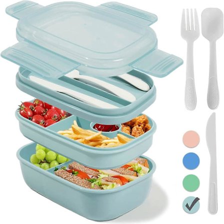 Madkasse Stabelbar Bento Boks 3-i-1 Rum, Ægte Lækagesikker, 1900ml Stor Bento Madkasse til Måltidssnacks, Tåler Opvaskemaskine og Mikroovn