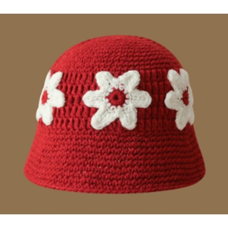 Hæklet Bucket Hat til Kvinder Trendy Strikket Blomstret Slouchy Hat Sød Boho Blomst Håndlavet Beanie Udendørs Boho Rejse Fiskehat Rød