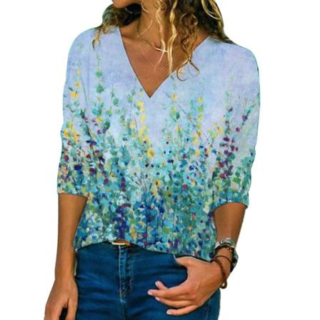 Kvinnor Plant Print T-shirt Toppar V-ringad Långärmad Casual