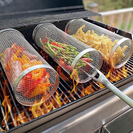 Rullande grillkorg i rostfritt stål