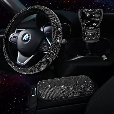 Set med 3 delar svarta bling-biltillbehör för kvinnor, Bling-ratt