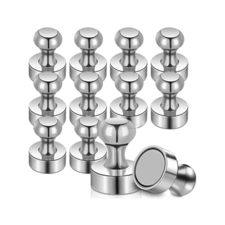 Pakke med 12 neodym kjøleskapsmagneter, magnetiske stifter, 12 x 16 mm, små, runde, sterke magneter, Beijiyi (sølv)