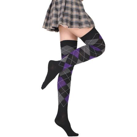 Kvinnor Flickor Student Lår Höga strumpor Europeisk College Style Vintage Färgglad Argyle Plädmönster Stretchy Over The Knä Strumpor Purple