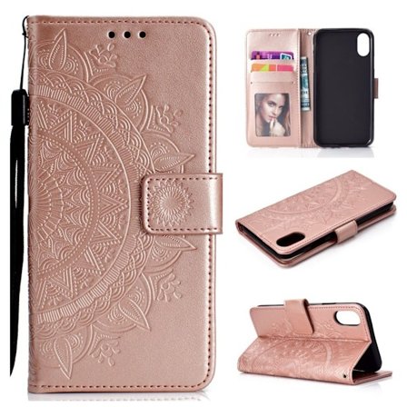 iPhone Xr flip cover i læder med Mandala-mønster - Rose Gold