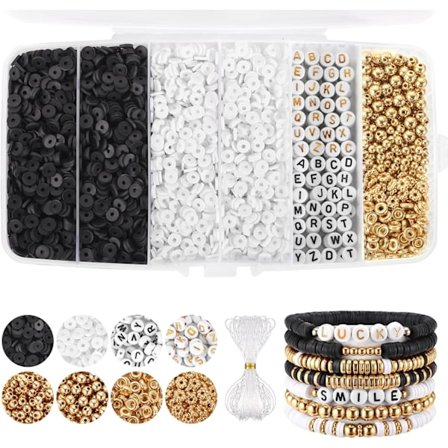 Hvid sort lerperler armbåndssæt, Heishi perler polymer lerperler til smykkefremstilling, venskabsarmbåndssæt med guldperler