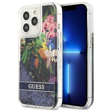 Guess GUHCP13LLFLSB iPhone 13 Pro/13 6.1" sininen kovakotelo Kukka Nestemäinen kimallus
