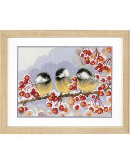 Kirjontapakkaus Taulu Talitiaiset pihlajanmarjojen keskellä