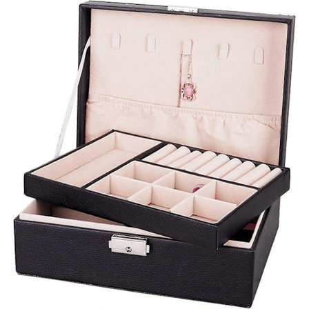 Jewelry Box Organizer, 2-lagers låsbart smyckeskrin PU-läder Display Smyckeshållare, Svart