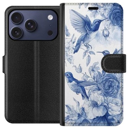 Kompatibel Tegnebogsetui til Apple iPhone 17 Pro Fugle og blomster blå romantiskt mønster