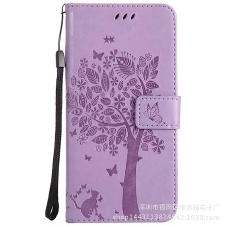 Fodral för iPhone 13 Pro ljuslila präglad katt och träd korthållare läder