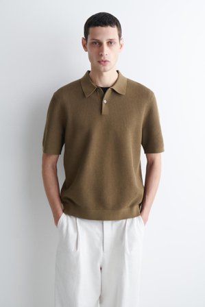 COS Men's Waffle Knit Cotton Polo Shirt in Brown