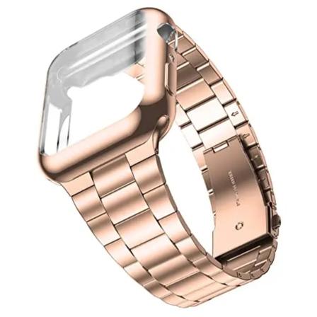 Metallrem + mjukt case För Apple Watch 45 mm 41 mm 44 mm 42 mm 40 mm 38 mm Watch Armband i rostfritt stål för iwatch 7 6 5 4 3 2 SE Rose gold with 