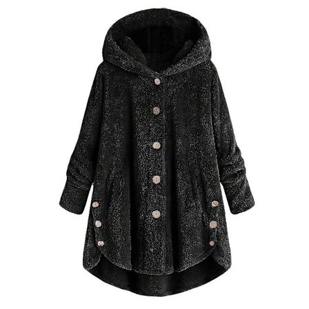 Vinterjakke for kvinner - varm, fluffy, med knapper, løs, hette, yttertøy