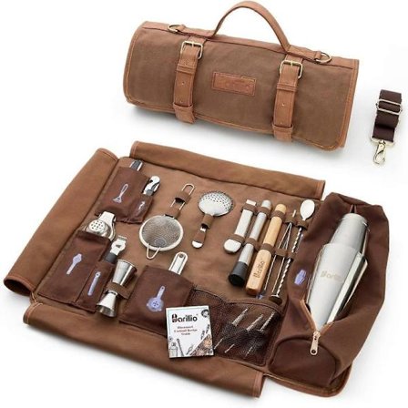 Bartender Kit Taske med Cocktail Shaker Sæt - Vokset Canvas, Rejse Barværktøj Taske med 17-dele Cocktail Kit - Rejse Mixologi Bartender Kit[HK]