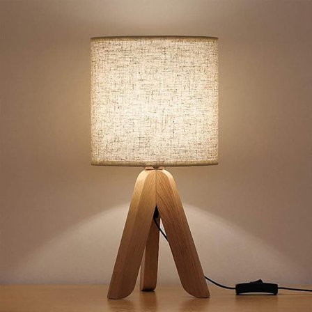 Bedside Lamp with Wooden Stand and Fabric Shade – E27 Socket, Incl. 3-Color LED Bulb, Scandinavian Style Bedside Table Lamp