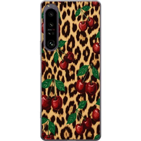 Kompatibelt Mobildeksel til Sony Xperia 1 IV Kirsebær leopard mønster kirsebær kjærlighet leopard bakgrunn retro rockabilly pinup stil design