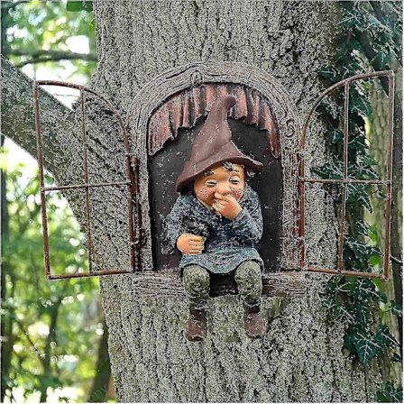 Stort salg! Hagefigur for utendørs hage, fehagepynt, sjarmerende hagealv, voyeur, harpiks, hengende