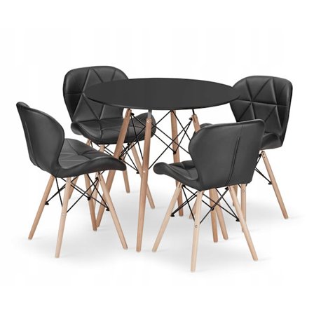 VALORA KOVA 80 Svart Runt Bord + 4 WAKO Svarta Stolar Set