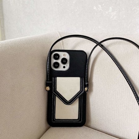 Etui til iPhone 13 svart og hvit retro crossbody kortholder halv anti-fall