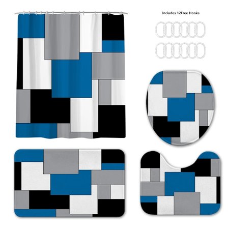 Geometriska blå duschdraperisets med halkfria mattor, toalettlock och badrumsmatta, svart och grå badrumsdekor set tillbehör vattentäta duschdraperier